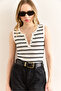 Women's White Snap Fastener Striped Stretchy Crop Blouse Blz-19002994 - 3