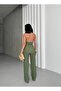 Flounce Collar Triangle Cut Back Open Lace up Top Elastic Waist Fitted Palazzo Pants Suit with Pockets - 2