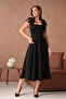 Women's Stretchy Crepe Fabric Binding Strap Strapless Neck Flared Cut Midi Length Black Dress 77127