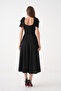 Stretchy Crepe Fabric Strapless Neckline Lacing Strap Detailed Flared Cut Midi Length Black Evening Dress 77127 - 3