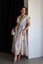 Shirt Collar Patterned Full-Length Buttoned Metal Gold Belted Midi Length Premium Design Linen Dress - 7