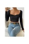 Marsilyan- Women's Black Long Sleeve Low-Cut Chic Crop Top Blouse - 3