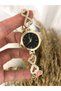 Round Vintage Heart Detail Inside Black Gold Women's Wristwatch - 2