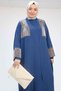 57207 Large Size Garni Detailed Etamin Dress Abaya - Petrol - 2
