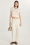 Women's Standard Fit Short Sleeve V Neck Wide Leg Ecru T-Shirt Pants Set