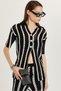 Women's Standard Fit Short Sleeve V Neck Button Knitted Detail Striped Suit - 2