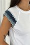 Women's White Sleeveless Denim Detailed 100% Cotton T-Shirt - 2
