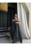 Women's Anthracite Collar Pearl Detailed Rope Strap Modal Long Dress 29159 - 6