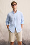 Lasse Men's Shirt Collar Cuffed Long Sleeve Regular Fit Linen Blended Blue Shirt - 4