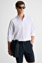 Lasse Men's Shirt Collar Cuffed Long Sleeve Regular Fit Linen Blended White Shirt - 3