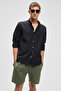 Perttu Men's 100% Cotton Slim Fit Slim Fit Buttoned Collar Linen Look Flared Black Shirt