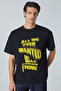 Edimburgo Men's Print Detailed 100% Organic Cotton Oversize Crew Neck Black T-Shirt - 3