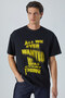Edimburgo Men's Print Detailed 100% Organic Cotton Oversize Crew Neck Black T-Shirt