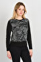 Women's Crew Neck Patterned Short Front Long Back Blouse 24595 Black-Ecru - 3