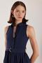 Women's Standard Fit Buttoned Waist Tie Shirt Collar Navy Blue Dress - 2