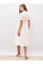 Schiffli Puff Sleeves Belted Shirt Midi Dress - 5