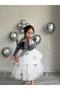 Girl's Gray Bow Detailed Tutu Skirt Velvet Fake Sleeve Detailed Party Dress + Oversleeves + Buckle - 3