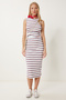 Women's White Gather Detailed Slit Stretchy Summer Knitted Dress An00243