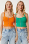 Women's Green Orange Zippered Corded Flexible 2-Piece Set Crop Knitted Blouse Mx00190