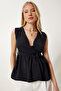 Women's Black Wrap Collar Stretchy Knitted Blouse An00250