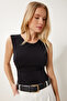 Women's Black Gather Detailed Snap Fastener Stretchy Knitted Blouse Dp00249