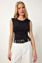 Women's Black Gather Detailed Snap Fastener Stretchy Knitted Blouse Dp00249 - 3