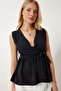 Women's Black Wrap Collar Stretchy Knitted Blouse An00250 - 2