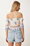 Women's Cream Orange Patterned Carmen Collar Flexible Crop Knitted Blouse Zh00051 - 5