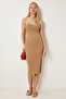 Women's Biscuit Halter Neck Slit Stretchy Knitwear Dress Ns00447