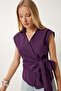 Women's Plum Shirt Collar Wrap Poplin Blouse Hf00467 - 3