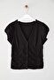 Black Cotton Shirred Button V-Neck Bodycon Super Stretch Knitted Blouse Twoss25Bz00563 - 5