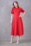 Balloon Sleeve Round Neck Stretchy Scuba Crepe Fabric Midi Length Flared Cut Red Evening Dress 092 - 6