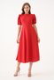 Women's Round Neck Short Balloon Sleeve Stretchy Crepe Fabric Midi Length Flared Cut Red Dress 092