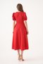 Women's Round Neck Short Balloon Sleeve Stretchy Crepe Fabric Midi Length Flared Cut Red Dress 092 - 3