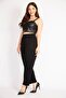 Women's Black Large Size Baggy Cut Side Pocket Viscose Trousers 65n36216 - 5