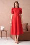 Women's Round Neck Balloon Sleeve Stretchy Scuba Crepe Fabric Midi Length Flared Cut Red Dress 092