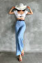 Women's High Waist Belted Pipe Leg Linen Trousers Light Blue - 4
