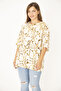 Women's Large Size Beige Woven Viscose Fabric Front Buttoned Short Sleeve Shirt 65N36954 - 6