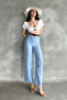 Women's High Waist Belted Pipe Leg Linen Trousers Light Blue - 3