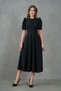 Balloon Sleeve Round Neck Stretchy Scuba Crepe Fabric Midi Length Flared Cut Black Evening Dress 092 - 6