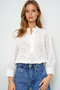 Women's White Mandarin Collar Balloon Sleeve Embroidered Woven Blouse Prmx13427