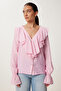 Flounced Buttoned V-Neck Linen Blended Blouse Light Pink Ldp0049 - 4
