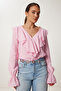 Flounced Buttoned V-Neck Linen Blended Blouse Light Pink Ldp0049 - 3