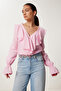 Flounced Buttoned V-Neck Linen Blended Blouse Light Pink Ldp0049 - 2