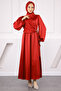 Burgundy Side Buckle Tie Satin Evening Dress - 2