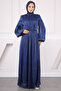 Navy Blue Balloon Sleeve Pleated Chiffon Evening Dress - 2