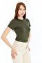 Women's Khaki Round Neck Short Sleeve Viscose Blouse - 2