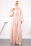 Powder Balloon Sleeve Pleated Chiffon Evening Dress
