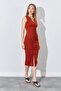 Women's Brick V Neck Draped Sleeveless Sandy Dress - 2