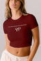 Women's Stardust Text Printed Short Sleeve Organic Cotton Crew Neck Crop Blouse Burgundy T-Shirt